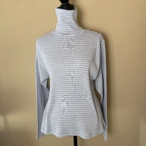 Vintage Paris Sport Club Ribbed Turtleneck Shirt Womens XL White Blue 90s Top